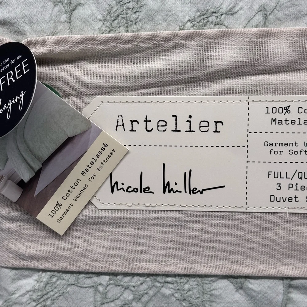 3pc Nicole Miller Artelier Lt Sage Queen Duvet Cover Sham Set Matelasse Cotton